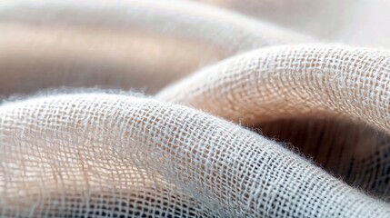Close-up of a beige textile fabric with a woven texture, showing soft folds and a blurred background. The fabric is lit with soft, natural light.