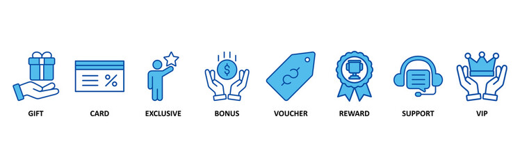 Loyalty program banner web icon set In Blue Style vector illustration foricon of gift, card, exclusive, bonus, voucher, reward, support, vip