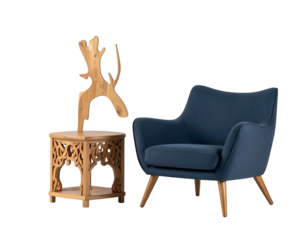 Navy armchair, carved wood side table, abstract antler sculpture