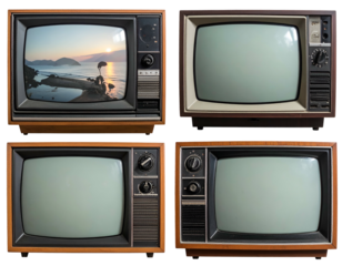 Old televisions one with sunset, three blank screens, retro style
