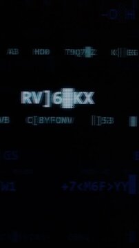 Dark digital screen with cryptic alphanumeric characters and coded visual elements.