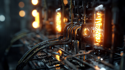 Advanced Technology Visualization: processor microchip starting artificial intelligence digitalization of neural networking and Cloud Computing. Digital lines move data, quantum computer interior