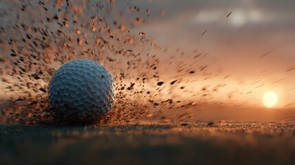 Golf ball struck, dirt flies against orange sunset sky background. Show sports achievement and skill or advertise golf industry.