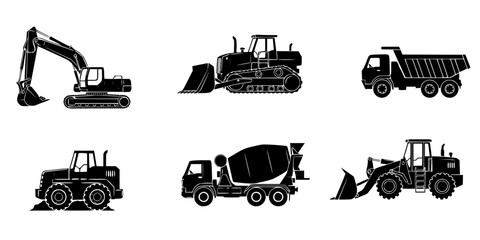 construction vehicle silhouettes  including tractor, truck, crane, and excavator vector illustrations