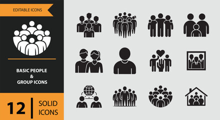 12 Basic People and Group Icons solid icon set.eps. Solid people group icons for team community and social roles