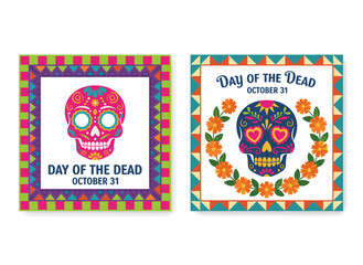 Obraz premium Templates for Day of the Dead greeting cards featuring a Catrina symbol, decorated sugar skull illustrations, a cartoon skeleton in traditional Mexican attire, and festive postcards and invitations