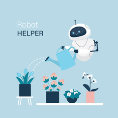Robot helper watering flowers in pots. Automation of housework. Cyborg watering plants. Futuristic concept of home assistant. Keeping house clean and tidy.