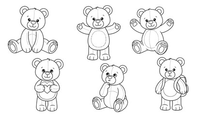 Cute Cartoon Teddy Bears in Various Poses for Children Coloring Activities