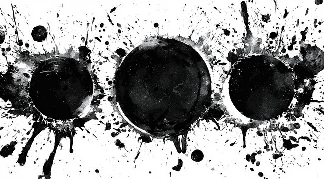 Abstract black ink splashes with circular shapes on white background