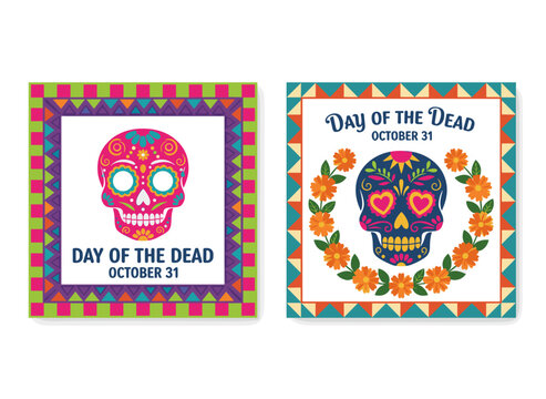 Templates for Day of the Dead greeting cards featuring a Catrina symbol, decorated sugar skull illustrations, a cartoon skeleton in traditional Mexican attire, and festive postcards and invitations