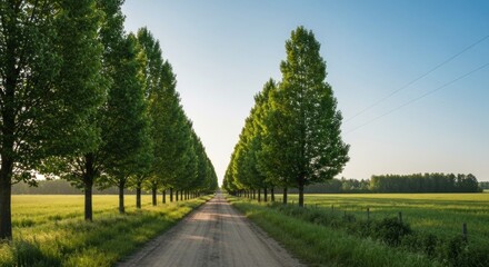 A country lane lined with trees stretches into a bright, open landscape