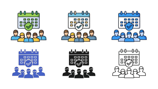 Vector Illustration Pack of Team Schedule and Event Planning Icons with Approved Checkmark Symbolizing Successful Collaboration, Meeting Confirmation, and Project Management Milestones
