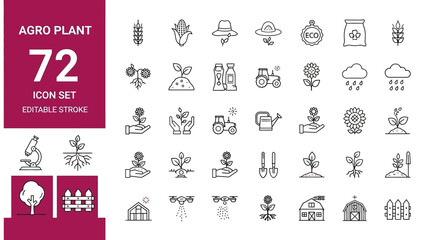 Collection of agriculture and plant cultivation line icons. Set includes symbols for farming, harvest, and eco-friendly gardening, editable stroke vector eps files illustration