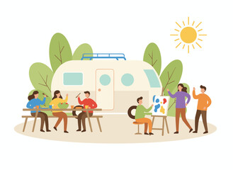 A cheerful group of friends relax together, enjoying a picnic in a flat vector illustration, with a happy man and woman chatting while eating and drinking at an outdoor party, all spending time in