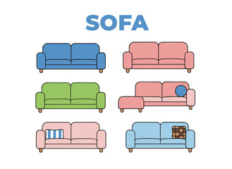 Stylish and comfortable sofa set featuring cozy lounge seats with soft cushions, ideal for living room interiors, presented as a flat vector illustration on a white background