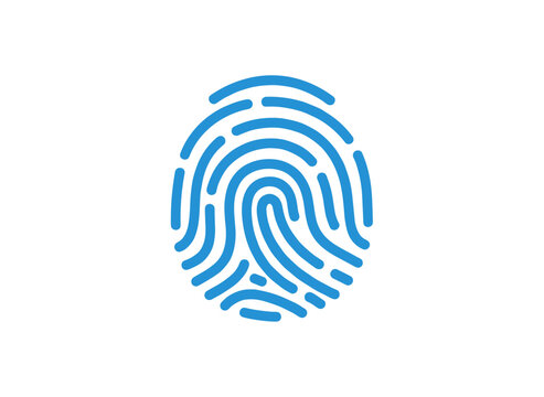 A fingerprint icon depicting a digital biometric fingerprint for verification and authentication, featuring a thumb and line pattern that symbolize security, protection, and privacy, rendered as a