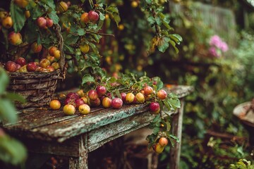 Crabapples fill a basket and rest on a rustic, weathered wooden table. Perfect for autumn harvest, farming, and country living concepts.