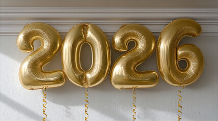 Gold foil number balloons 2026 with shiny surface, festive decoration for celebration, party, or New Year event, cheerful and bright atmosphere