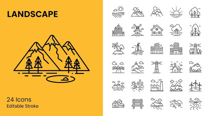 Diverse Collection of Modern Line Art Icons for Landscape and Nature, Illustrating Outdoor Travel Destinations and Environmental Elements, Perfect for Web and Graphic Design Projects