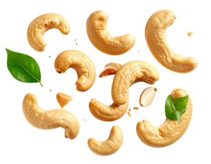 Scattered golden cashew nuts with green leaves on black background