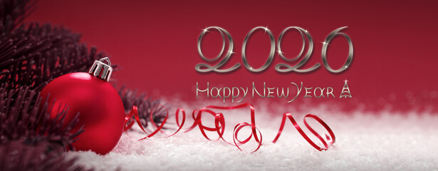 Happy New Year 2026 background with red Christmas ball and white snow.