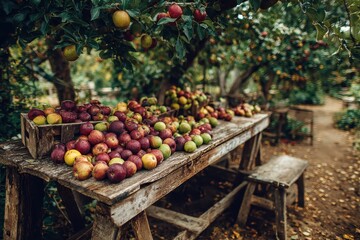 Apples overflow rustic wooden table, with orchard trees in the background. Showcase local produce, fall harvest, and farm-to-table concepts.