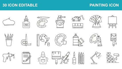 Collection of 30 editable outline icons depicting essential art supplies, painting tools, drawing instruments, and creative hobby equipment, suitable for vector graphic design and educational projects