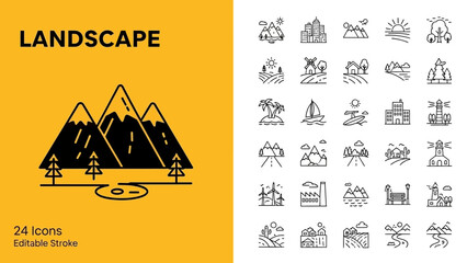 Editable vector line art icons collection for natural landscapes, outdoor environments, and adventure themes, perfect for graphic design and web projects