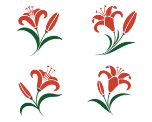 Four stylized orange lilies with green stems on a black background