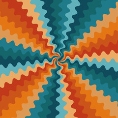 Retro groovy spiral burst background, vintage circus sun rays with grunge paper texture. Psychedelic colorful swirl poster, 70s carnival abstract pattern. Hypnotic sunburst vector illustration.