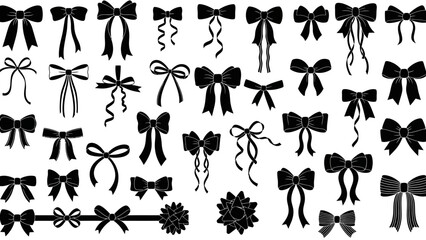 A comprehensive collection of elegant black silhouette bows and decorative ribbon illustrations in various styles and sizes, perfect for gift wrapping, 