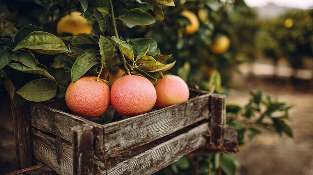 Three grapefruit in wooden crate, on tree, with green leaves and oranges behind. Use this for healthy eating, fresh produce, or local harvest concepts.