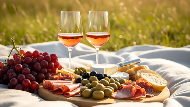 Elegant picnic with rose wine charcuterie board and grapes in a sunny meadow setting
