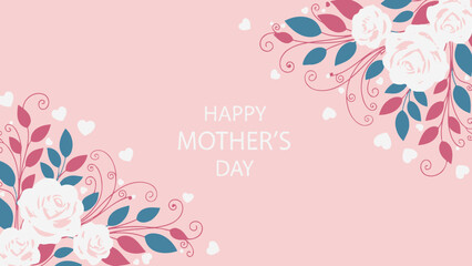 Happy Mother's Day greeting card with elegant white roses, blue and pink leaves, and small hearts on a soft pink background.