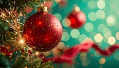 Christmas red decoration and sparkle bokeh lights on green background