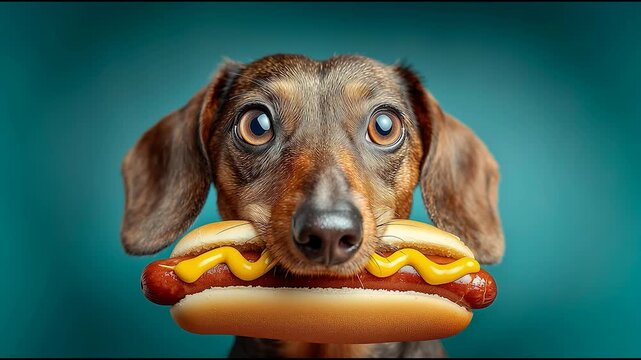 Funny dachshund dog holding hot dog with mustard in mouth against blue background