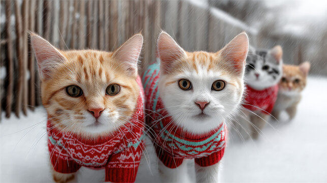 Four adorable cats wearing colorful Christmas sweaters stand in snow, curious and playful, with wooden fence in background
