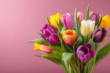 Fototapeta premium Tulips bouquet: yellow, purple, orange, pink and white tulips with water drops on pink. Use for spring, mother's day, easter, or any floral design projects.