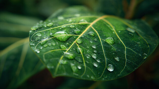 Raindrops on a vibrant green leaf, creating a natural macro shot. The leaf exhibits intricate veins and textures, with water droplets glistening in the light