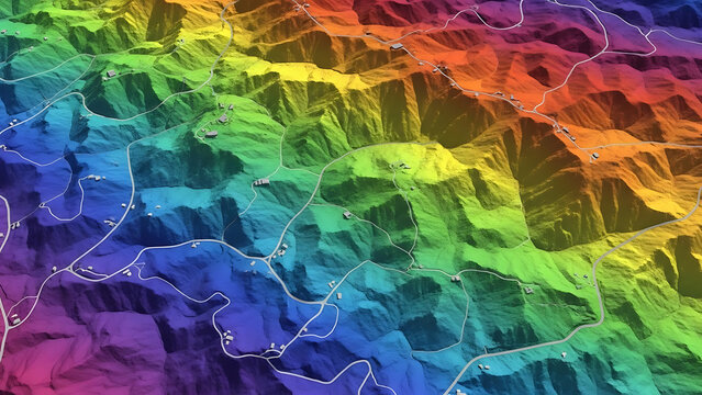 Abstract 3D digital elevation model of a mountainous landscape with colorful spectral data visualization