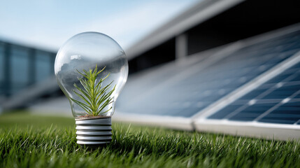 Light bulb with small green plant inside on grass, solar panel background, symbolizing eco energy, sustainability, and innovation