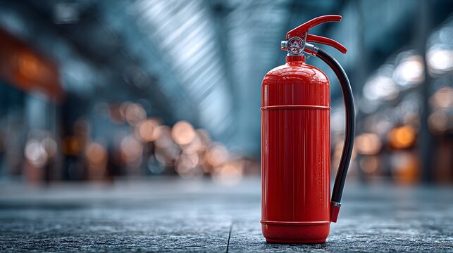 Red fire extinguisher standing on a shiny floor against a blurred modern corporate office background, representing safety and emergency. - Powered by Adobe
