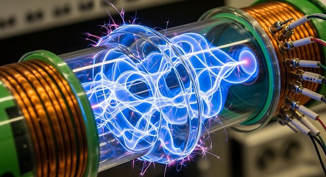 Plasma stream inside experimental device with copper coil and wire