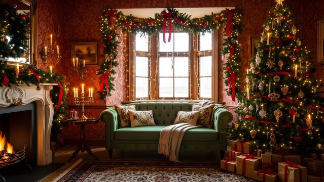 Festive room radiates warmth with Christmas decor, a green couch, fireplace and bright lighting. Backdrop for holiday staging, presentations, print.