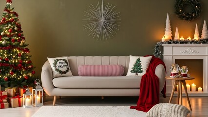 Festive Christmas scene shows cozy textures and soft light, ideal for holiday marketing, ads, product staging.