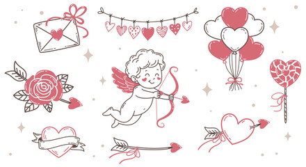 Fototapeta premium Vector set of Valentine's Day line art elements including flying Cupid with a bow and arrow, heart balloons, a rose, a love letter, lollipop. Perfect for greeting cards, posters, romantic projects.