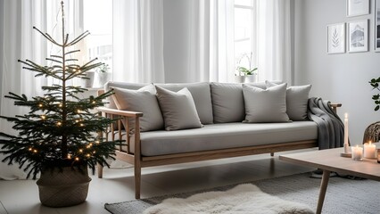Fototapeta premium Soft-lit room features light gray couch, candles, and Christmas tree. Perfect for interior design, product staging, branding.