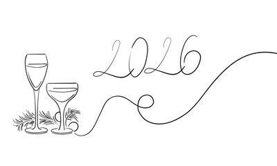 New Year 2026 Cheers toast festive decoration for holidays. Continuous line champagne cheers one line art, continuous drawing contour. Hands toasting with wine glasses with drinks. Vector illustration