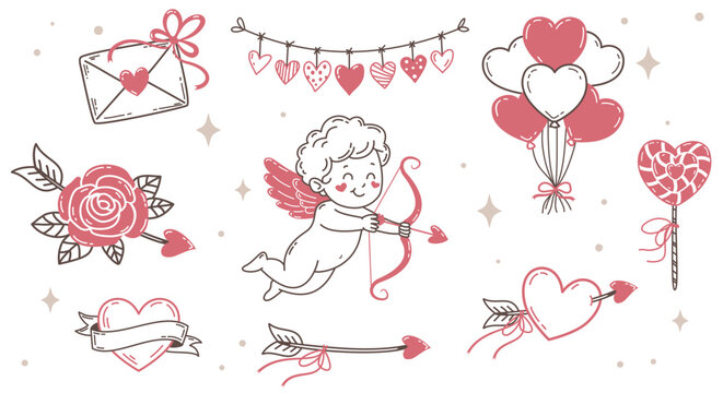 Vector set of Valentine's Day line art elements including flying Cupid with a bow and arrow, heart balloons, a rose, a love letter, lollipop. Perfect for greeting cards, posters, romantic projects.