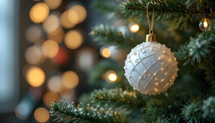 Christmas white decoration ball and spruce tree close up, bokeh lights background